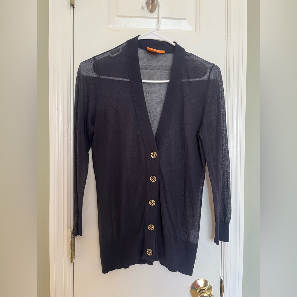Tory Burch Sheer Navy Blue Cardigan M b7